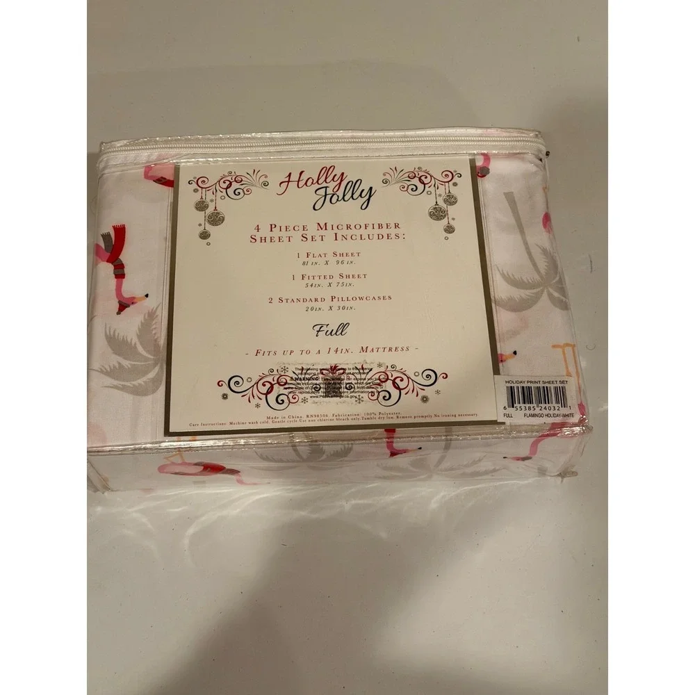 NWT Holly Jolly Christmas Flamingo Sheet Set Full 4pc Microfiber Bedding Holiday